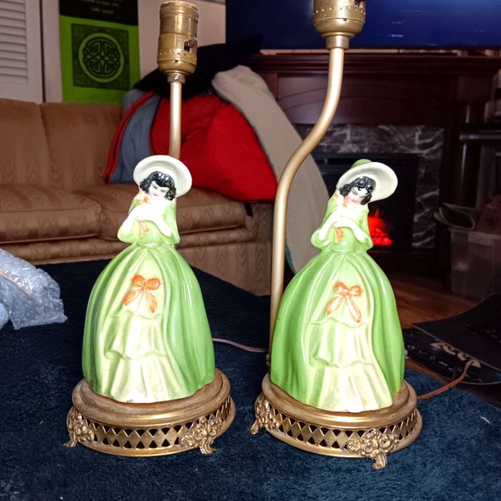Vintage Porcelain Victorian Ladies Brass Table Lamps